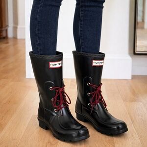 Hunter Ackley Lace-Up Rain Boots Black w/ Red Laces | Mid-Calf
